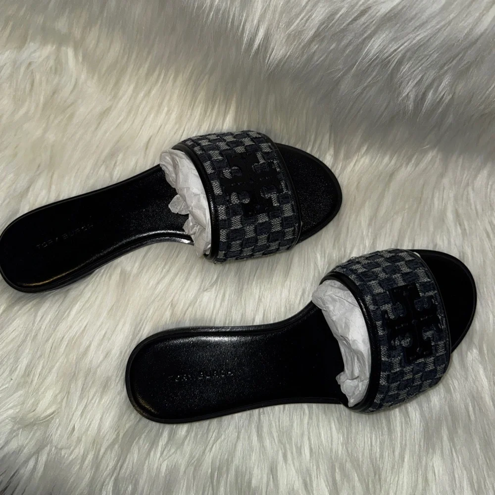 NWB-Tory Burch Everly Slide Braid Velvet Jeans Denim Sandals -Perfect Navy 7.5m